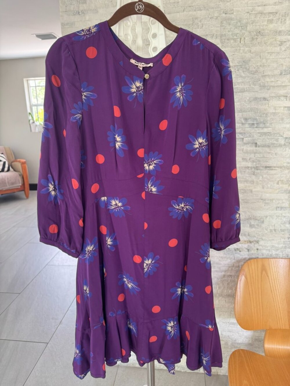 Purple Floral Polka Dot 3/4 Sleeve Silky Dress S6 - Juicy Couture